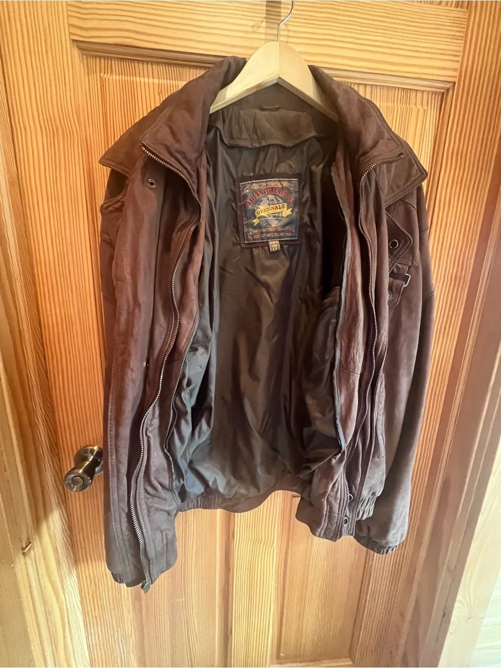 Wilsons Adventure Bound Brown Leather Bomber Jacket w Removable Plaid Liner